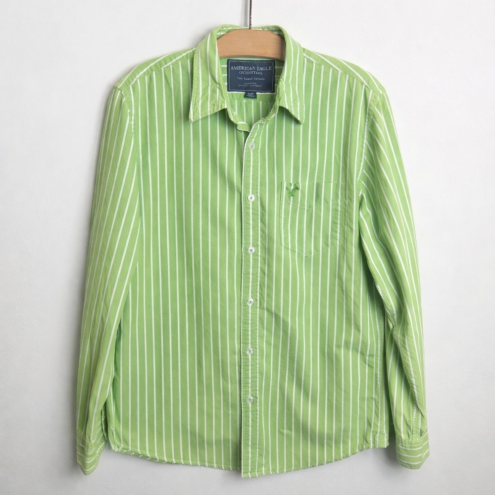 American Eagle Green Striped Button Down Shirt Oxford Vintage Fit Large